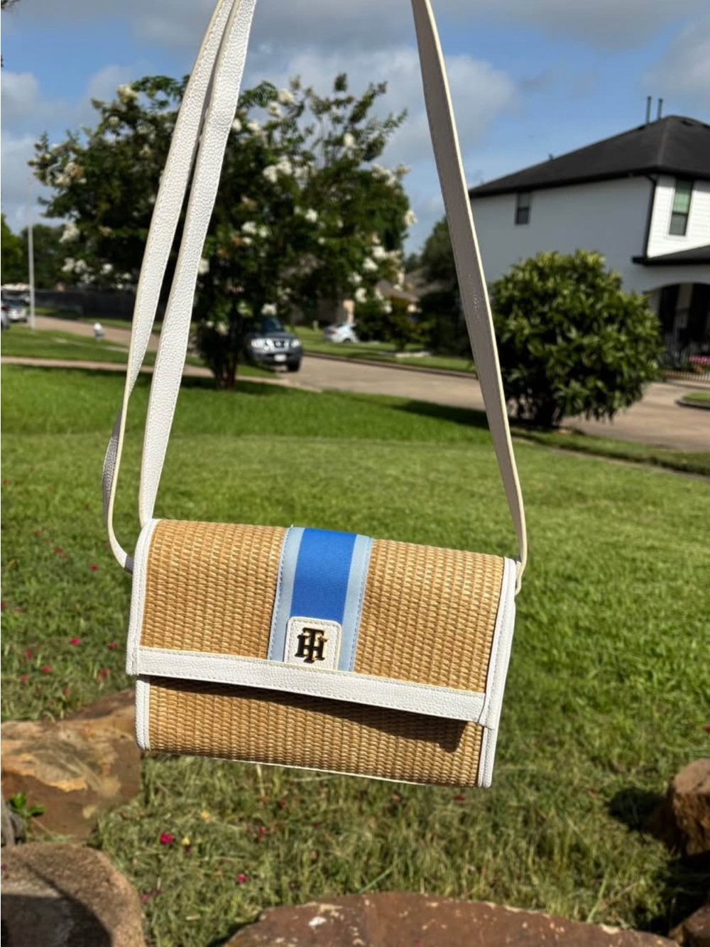 Tommy Hilfiger Natural Woven Crossbody with White Trim and Blue Stripe